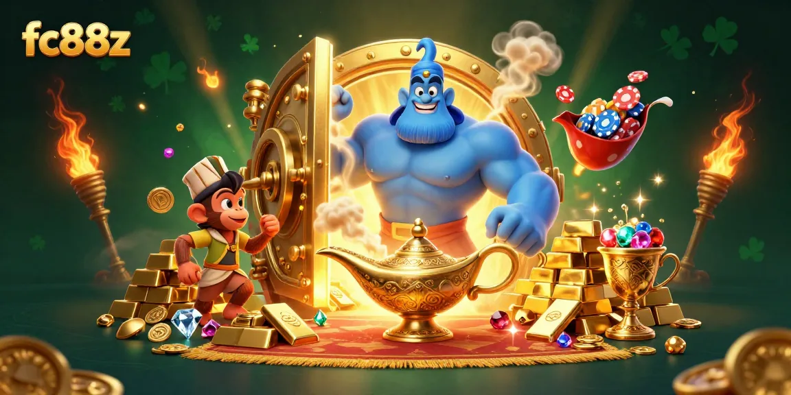 Experience the thrill at fc88z with a magical illustration of a genie and poker chips amidst treasure.