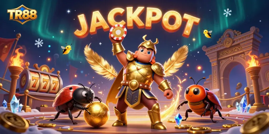 TR88 beetle triumphing in a dynamic casino scene, celebrating wins with game elements like poker chips.