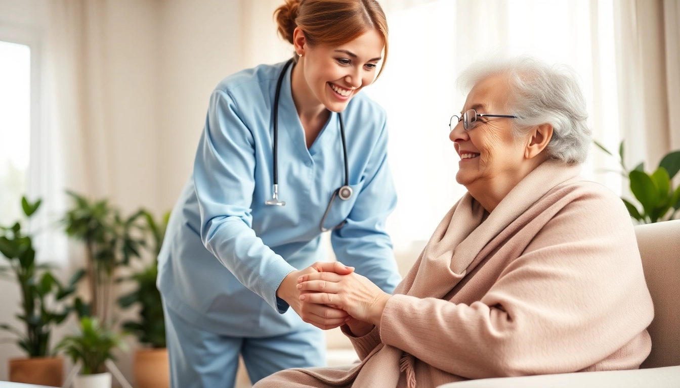 Providing in home care near me with a compassionate caregiver assisting an elderly woman.