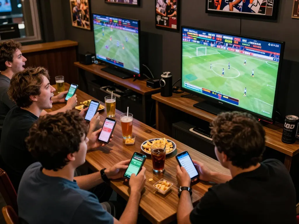 Aplikasi taruhan olahraga SBOBET88 digunakan selama pertandingan menarik dengan teman-teman merayakan di bar olahraga yang ramai.