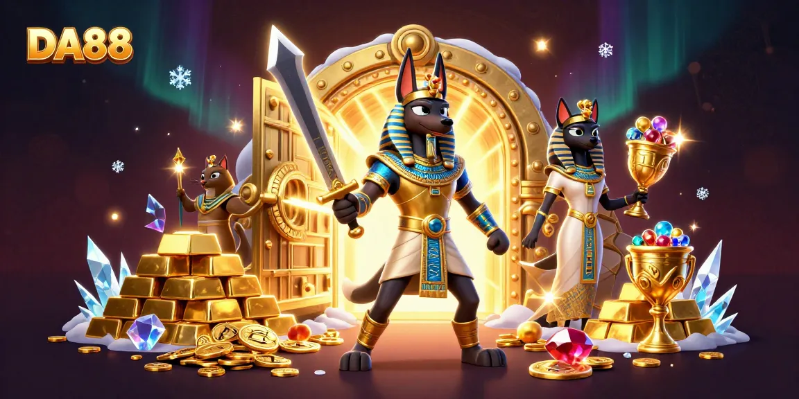 DA88 showcases an Egyptian warrior Anubis and Bastet amid dazzling gold treasures in a dynamic gambling scene.