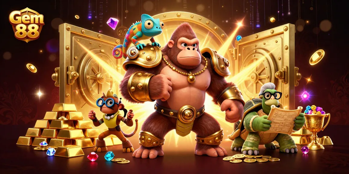 Engage in thrilling games at Gem 88 with vibrant characters and treasure, showcasing excitement in the world of online casino gaming.