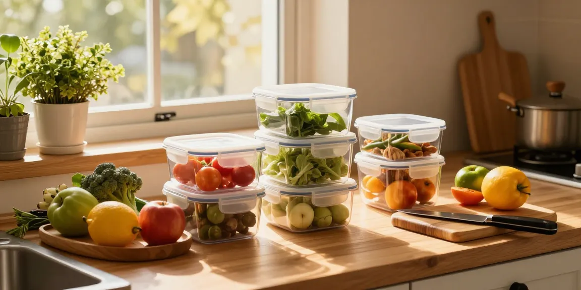 Airtight food storage containers organized with fresh produce in a warm, sunlit kitchen, showcasing a cozy culinary atmosphere.