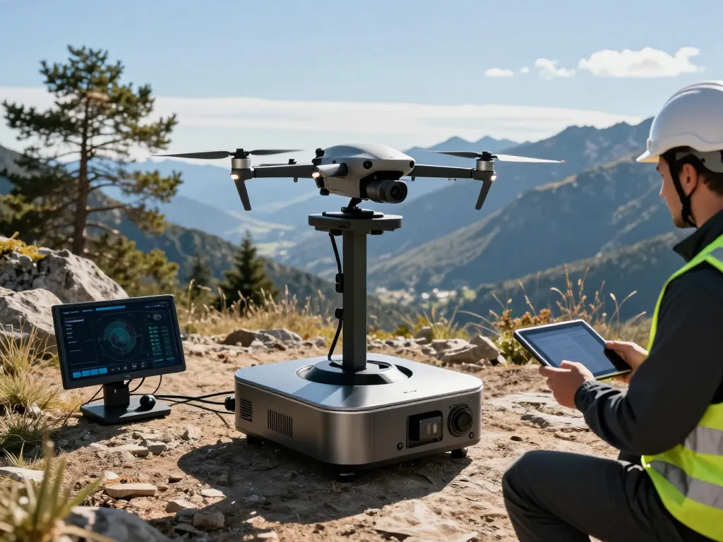 DJI Dock 3 powering a Matrice drone, showcasing high-tech operations in rugged outdoor terrain.