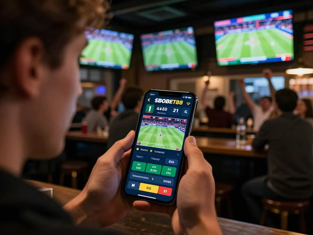 Pengguna SBOBET88 terlibat dengan aplikasi taruhan langsung di bar olahraga yang hidup, suasana olahraga yang dinamis.