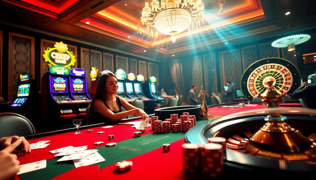 Experience the excitement of game bài đổi thưởng at a luxurious casino table with cards and chips.