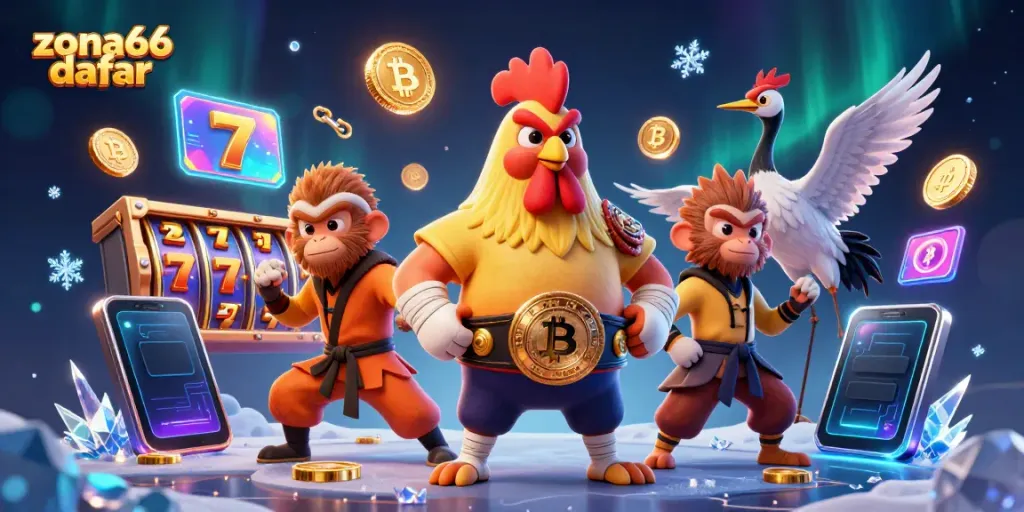 Menang di zona66 daftar dengan simbol slot dan petarung kartun yang bersemangat dalam ilustrasi 3D.