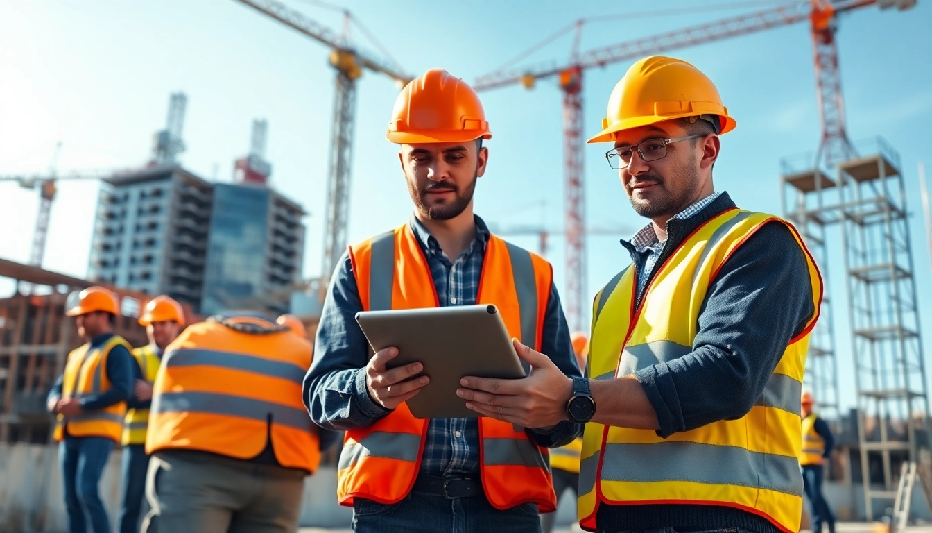 Highlighting construction site safety practices with workers and protective gear at a busy construction site.