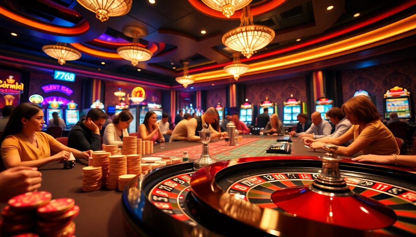 Action-packed casino scene highlighting F168 gaming excitement with poker chips and roulette.