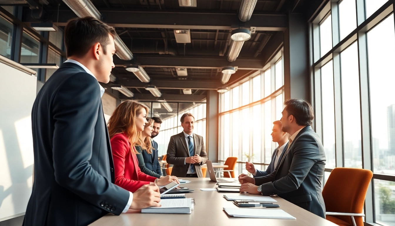 Engaged clients collaborating with a business coach near me in a bright office environment.