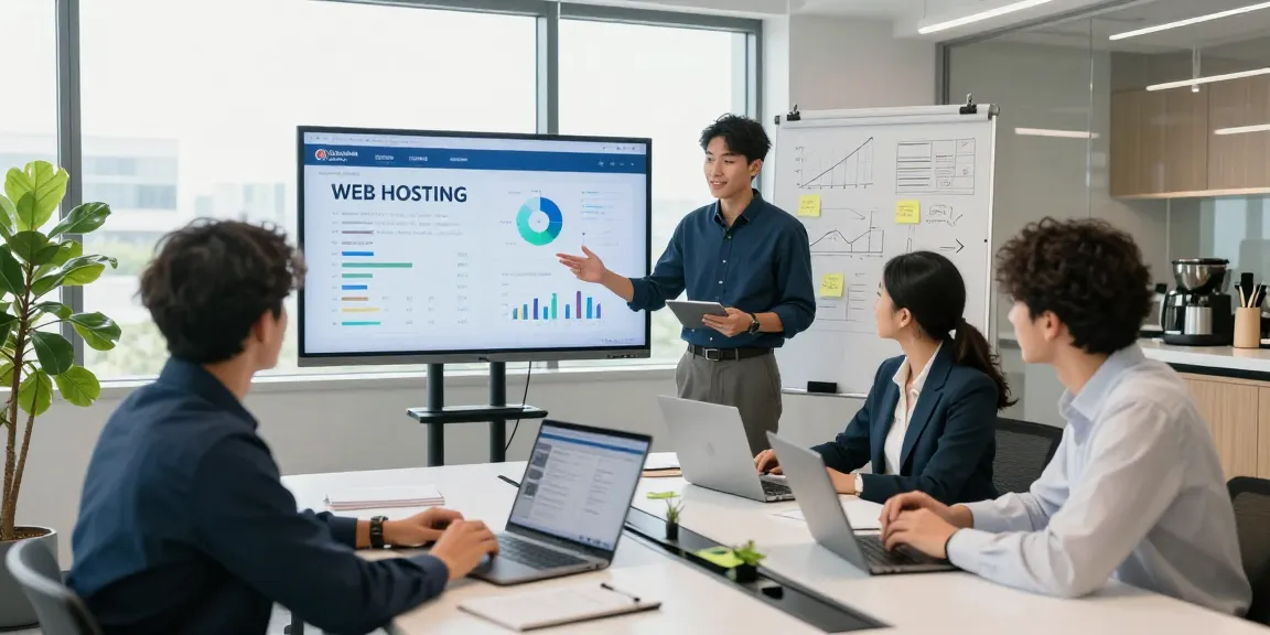 Collaborative team in a modern office discussing web hosting Australia solutions during a strategic meeting
