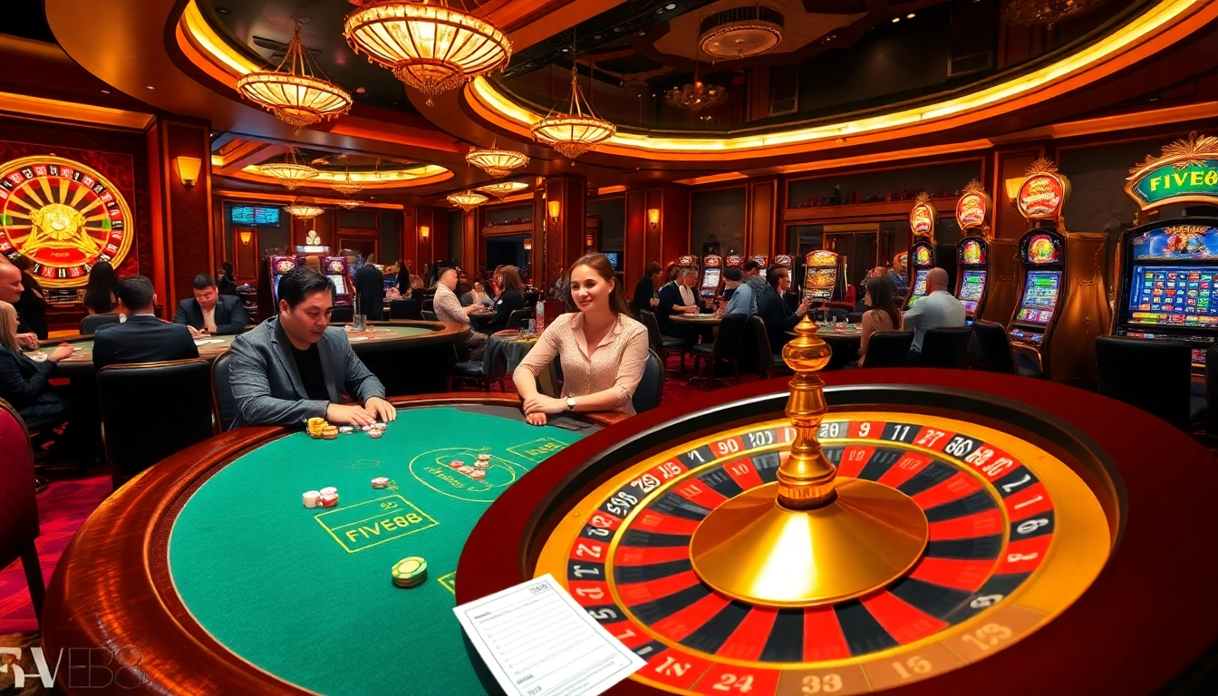 Experience the thrill of FIVE88 as players engage at a dazzling poker table in a luxurious casino setting.