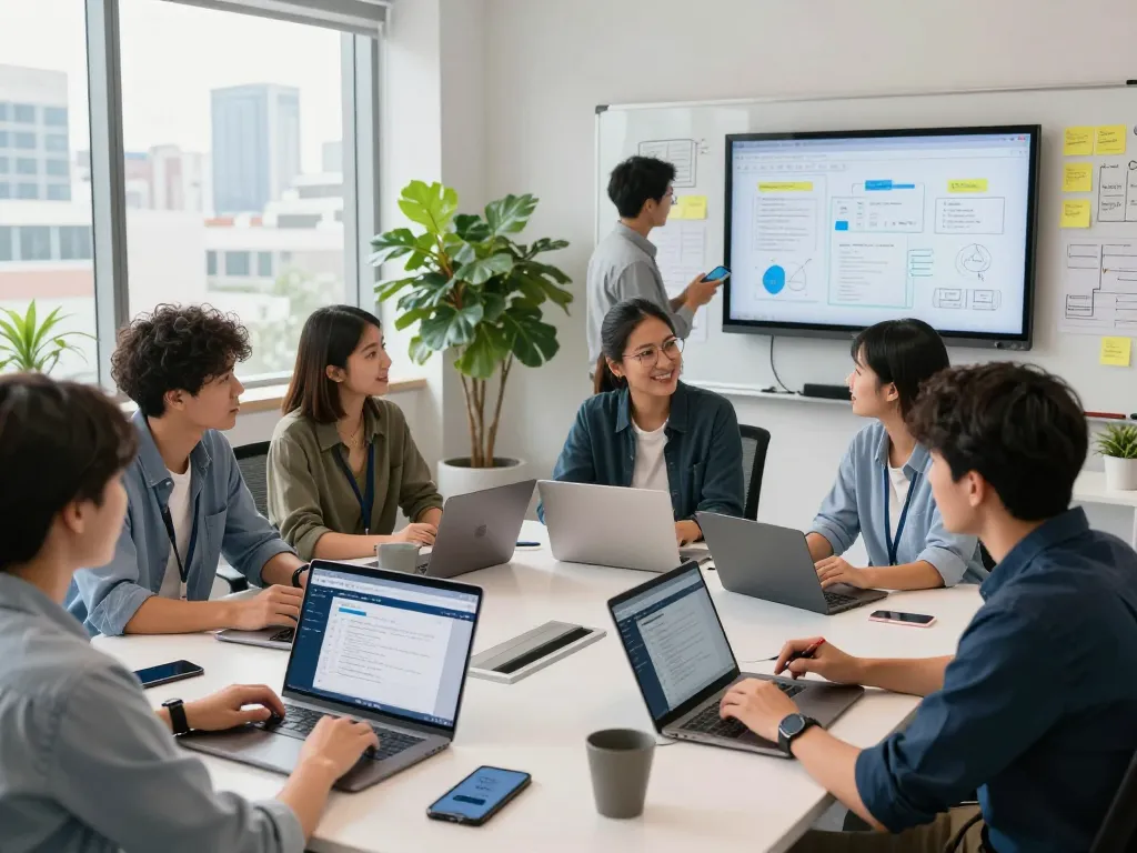 A collaborative team brainstorming in a modern workspace with WPS 下载 on laptops, emphasizing productivity and innovation.