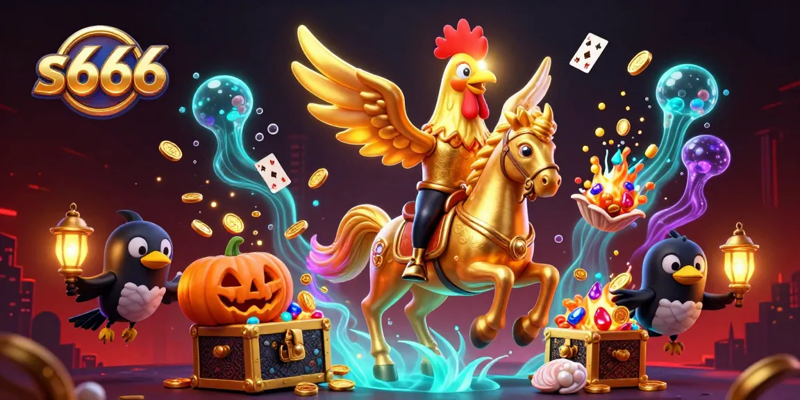 S666 golden rooster riding through a vibrant casino, exploding treasure chests and floating cards enrich the scene.
