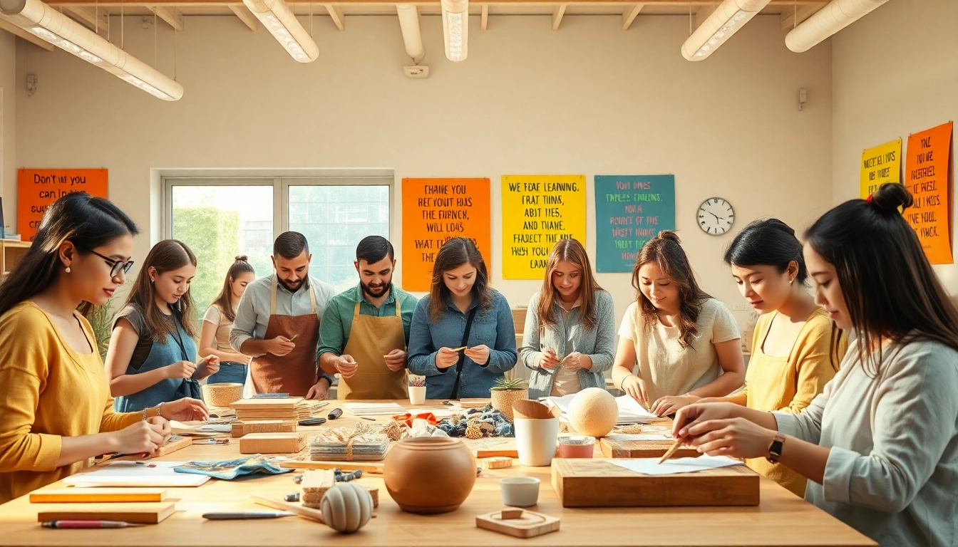 Engaged participants in craft training programs create unique projects in a vibrant workshop setting.