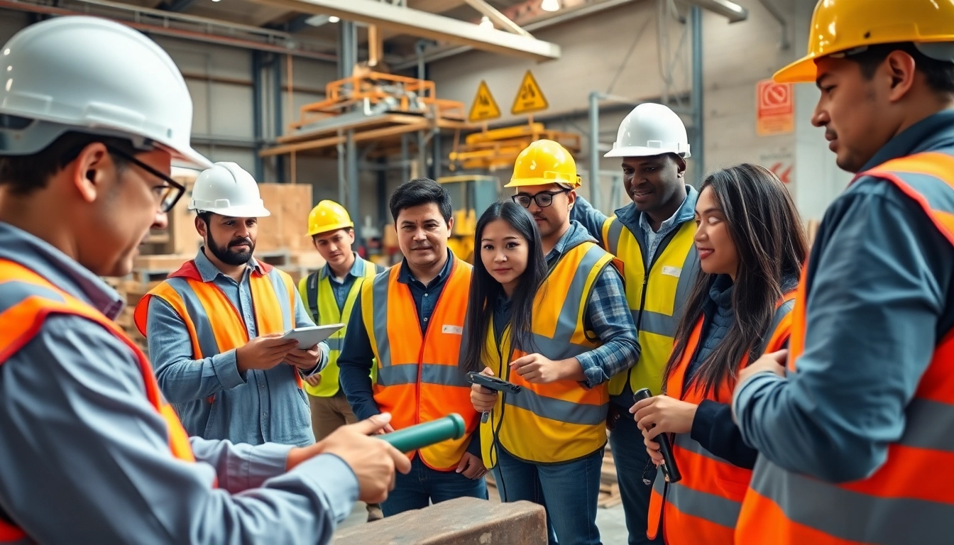 Engaged participants in construction training learn safety practices in a professional setting.