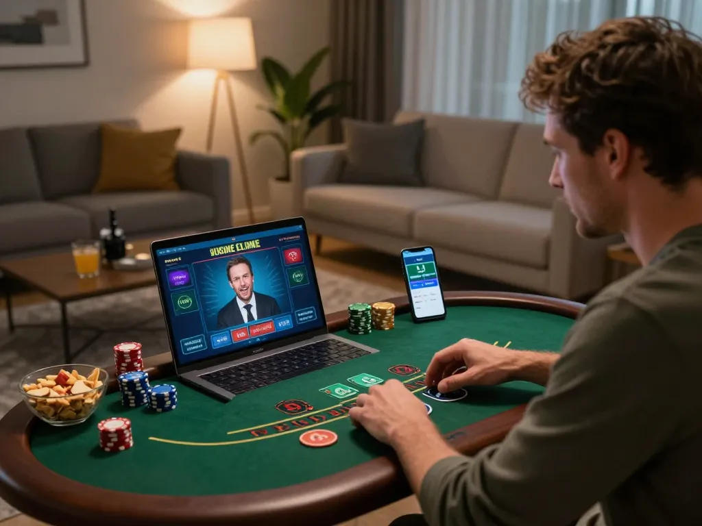 Player engaged with 88xeng casino game on laptop, highlighting strategic betting in a cozy home setting