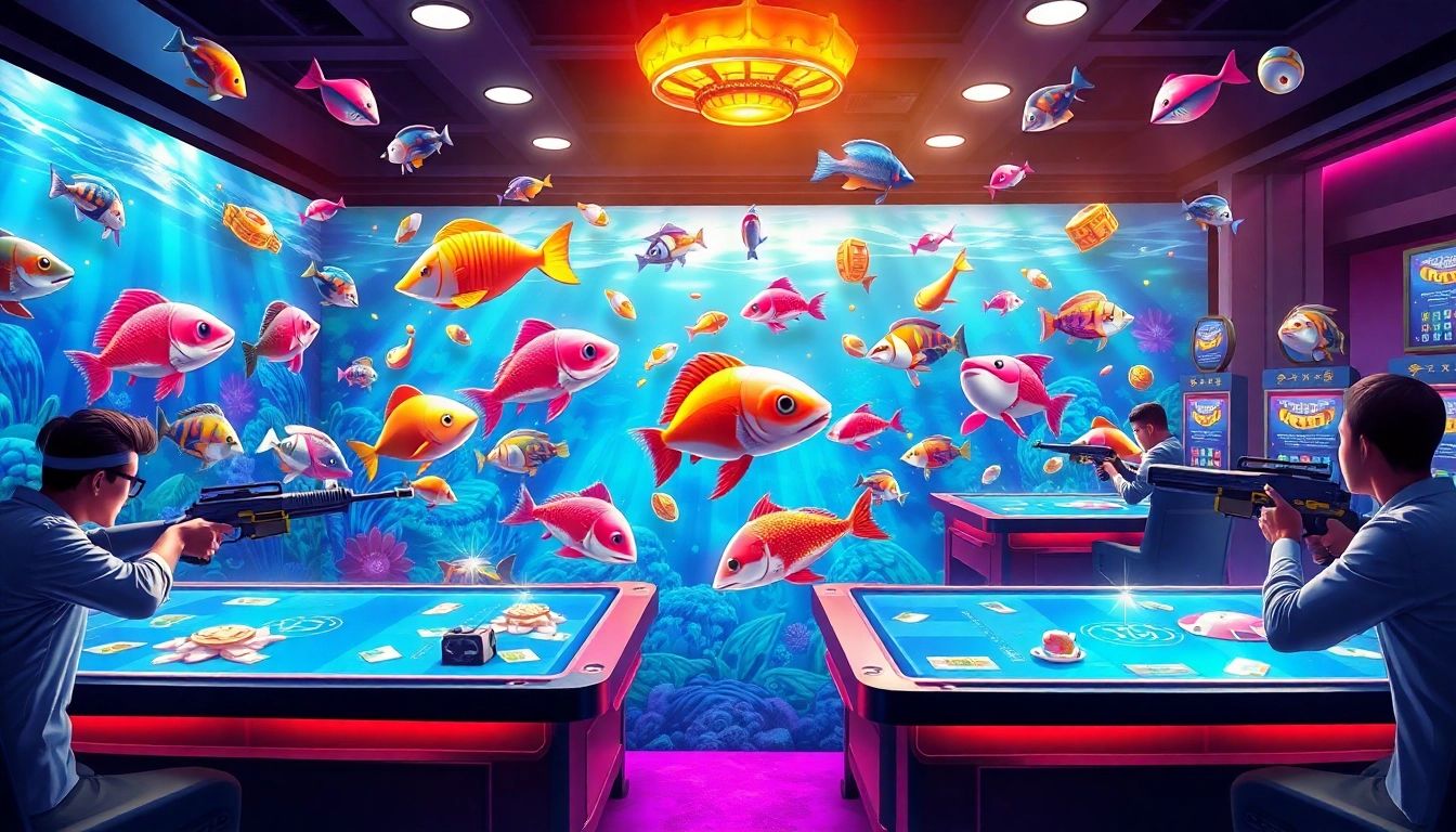 Engaging action scene of players enjoying bắn cá đổi thưởng with vibrant 3D fish and treasure in a thrilling online gambling environment.