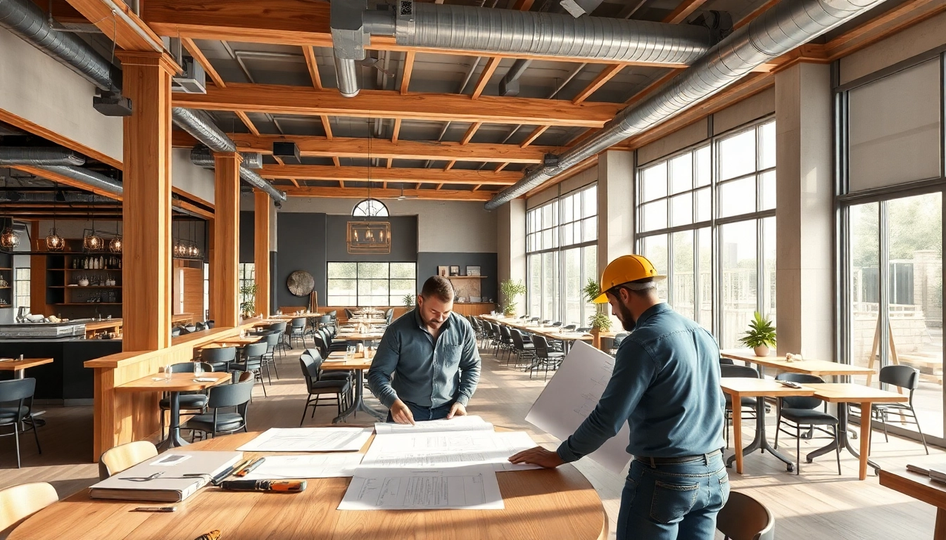 Dynamic team of restaurant buildout contractors in Austin collaborating on designs and construction plans.