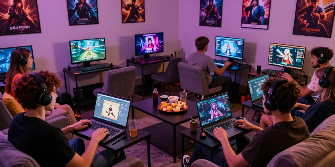 Players enjoying html hentai games in a vibrant gaming lounge with colorful visuals and snacks.
