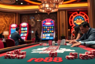 Engage in thrilling poker action at red88's upscale casino table with vibrant chips and cards.