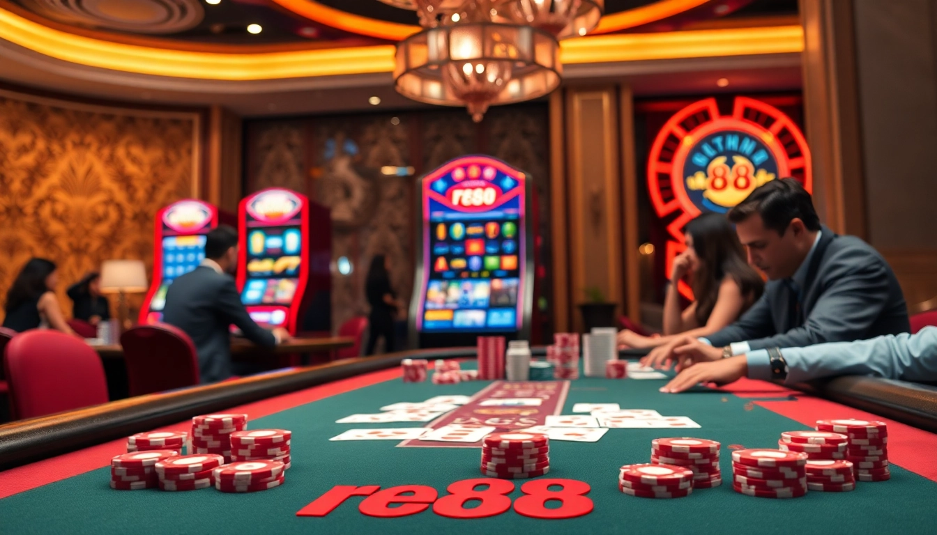 Engage in thrilling poker action at red88's upscale casino table with vibrant chips and cards.