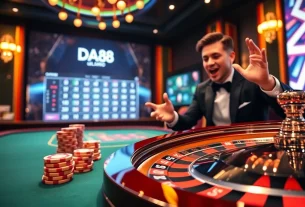 DA88 players eagerly placing bets at a luxurious casino table with poker chips and a roulette wheel.