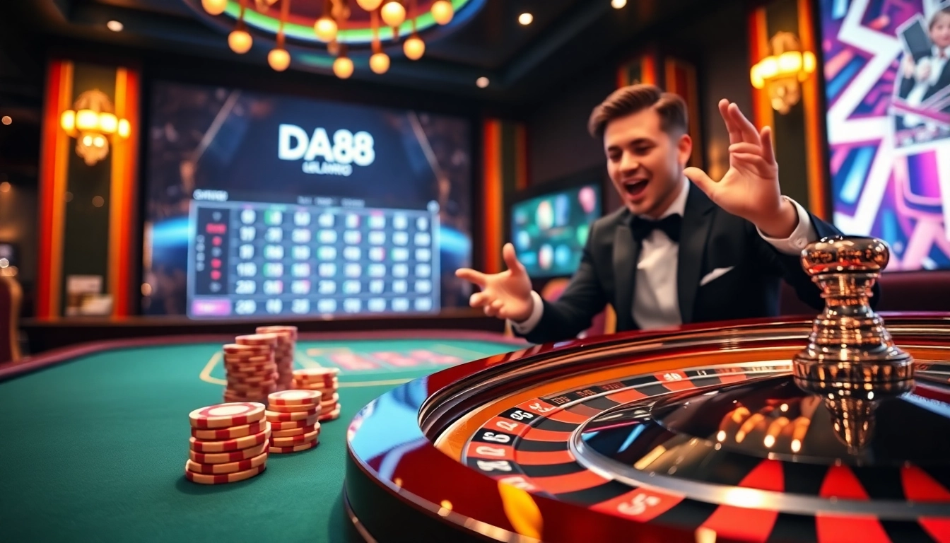 DA88 players eagerly placing bets at a luxurious casino table with poker chips and a roulette wheel.