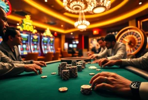 Players enjoying a thrilling poker game at Fabet's luxurious casino with vibrant decorations.