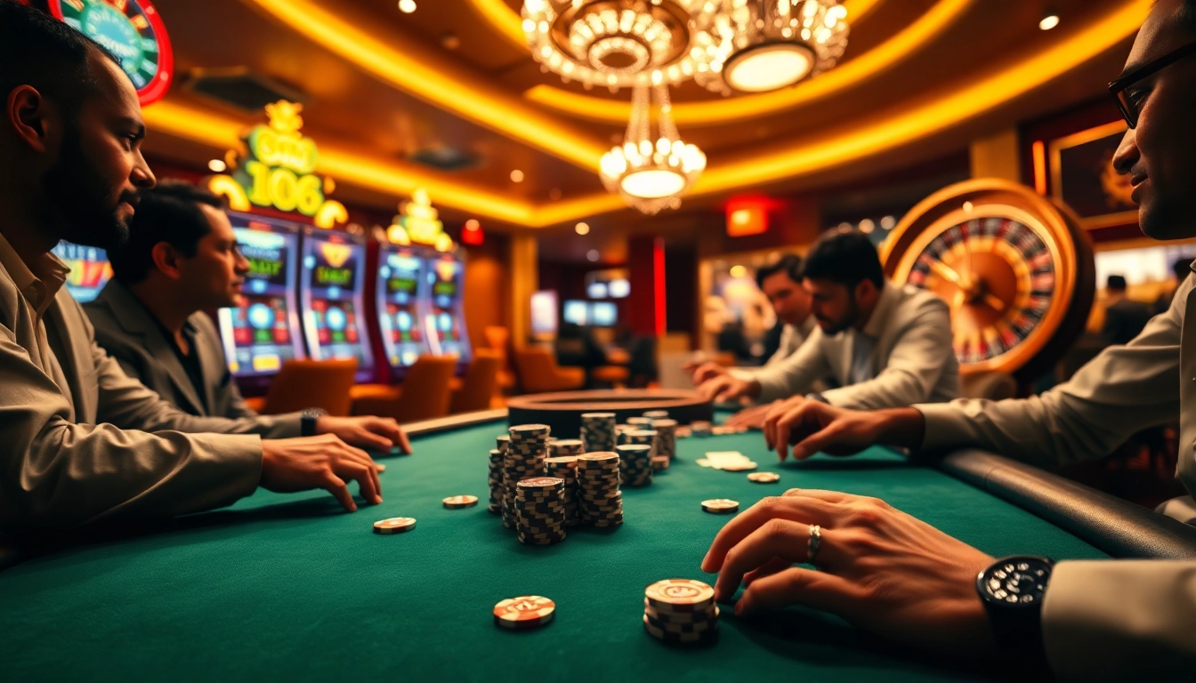 Players enjoying a thrilling poker game at Fabet's luxurious casino with vibrant decorations.