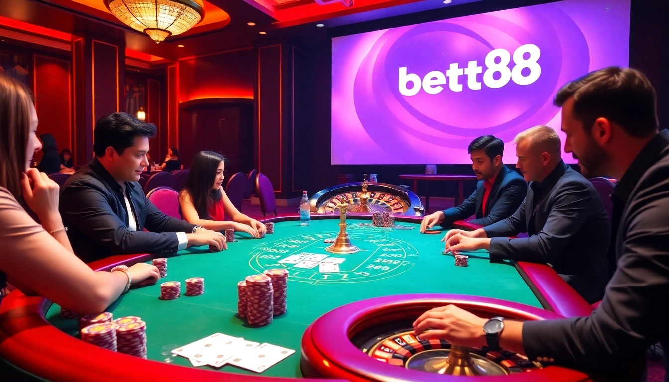 Engage in an exciting poker game at a luxurious bet88 casino table with vibrant chips and cards.