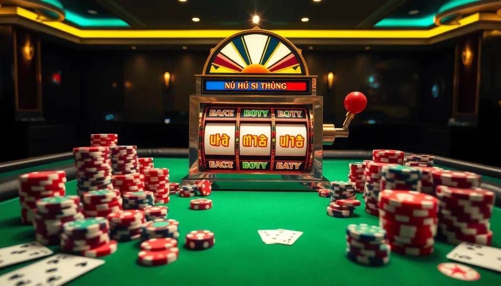 Experience nổ hũ đổi thưởng with a vibrant online casino slot machine and colorful poker accessories.