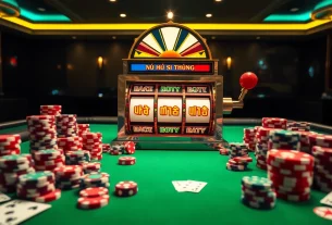 Experience nổ hũ đổi thưởng with a vibrant online casino slot machine and colorful poker accessories.