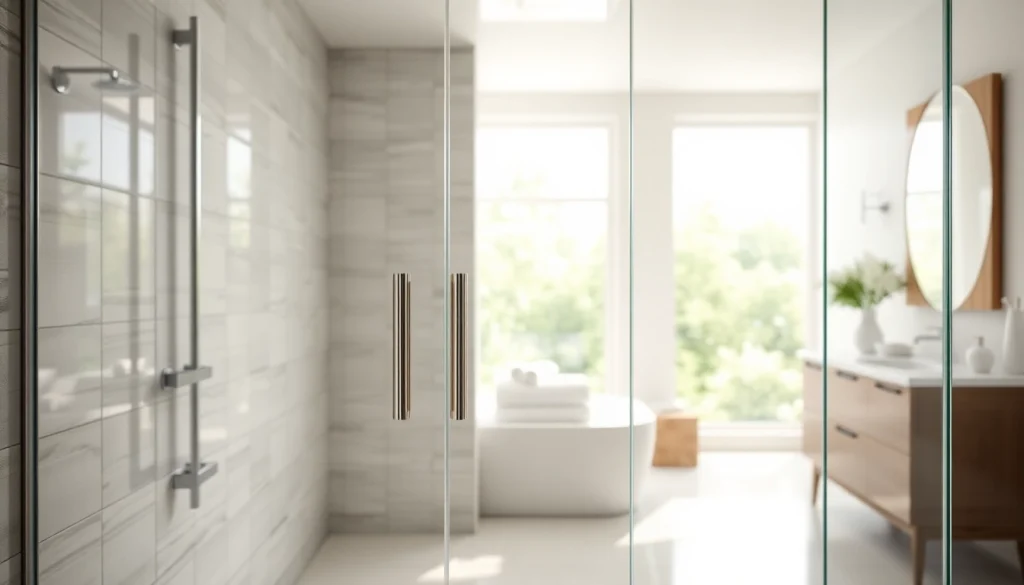 Showcase of sliding shower doors in a modern, light-filled bathroom setting, emphasizing style and elegance.