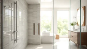 Showcase of sliding shower doors in a modern, light-filled bathroom setting, emphasizing style and elegance.