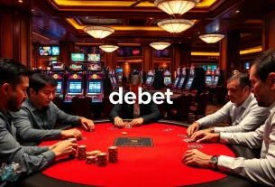 Players enjoy a high-stakes poker game at a luxurious casino featuring debet tables and vibrant slot machines.