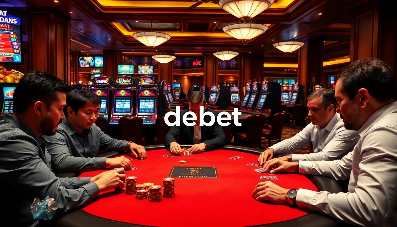 Players enjoy a high-stakes poker game at a luxurious casino featuring debet tables and vibrant slot machines.
