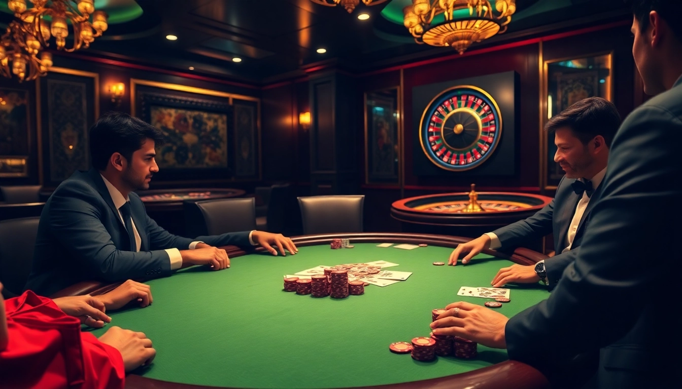 Exciting gambling scene featuring lode88 poker table, chips, and roulette wheel.