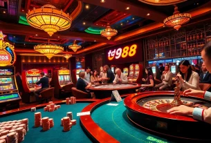 Experience the thrill of tg 88 with players at an upscale casino's gaming tables and slot machines.