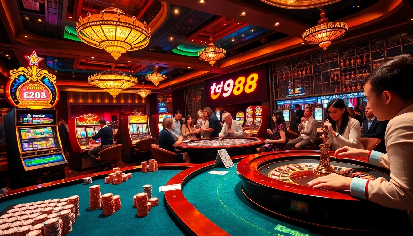 Experience the thrill of tg 88 with players at an upscale casino's gaming tables and slot machines.