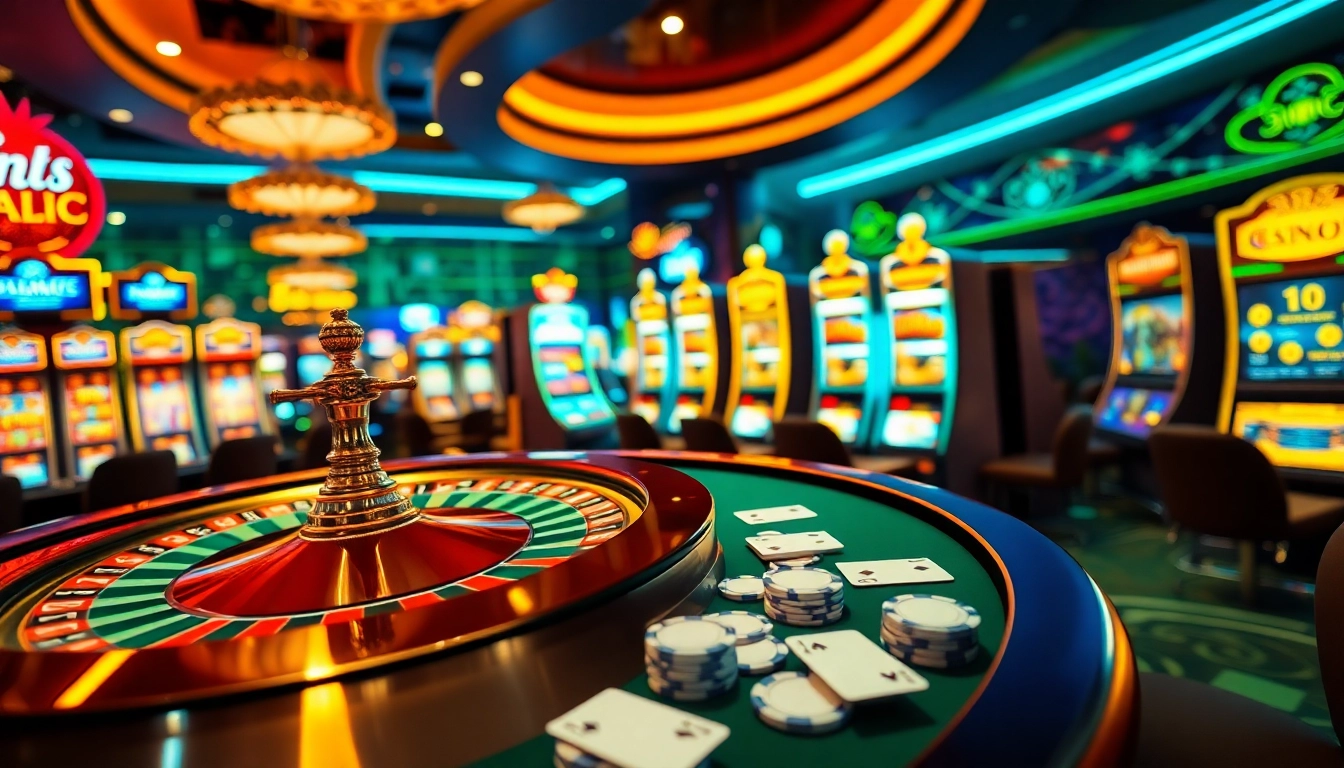 Engaging scene showcasing king88 casino experience with roulette, poker chips, and vibrant slot machines.