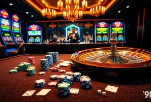 Experience the excitement of i9bet with poker chips and a roulette wheel in a luxurious casino setting.
