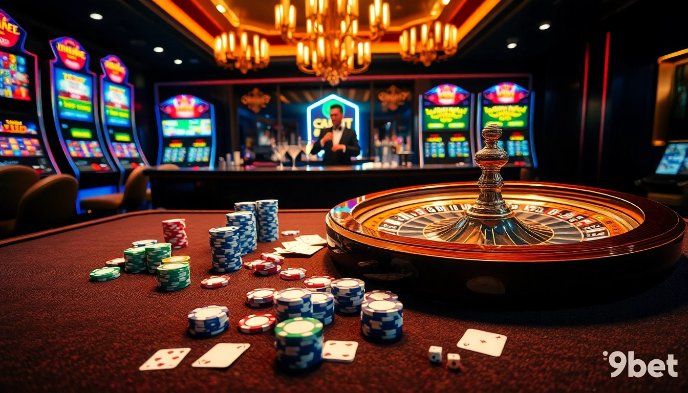 Experience the excitement of i9bet with poker chips and a roulette wheel in a luxurious casino setting.