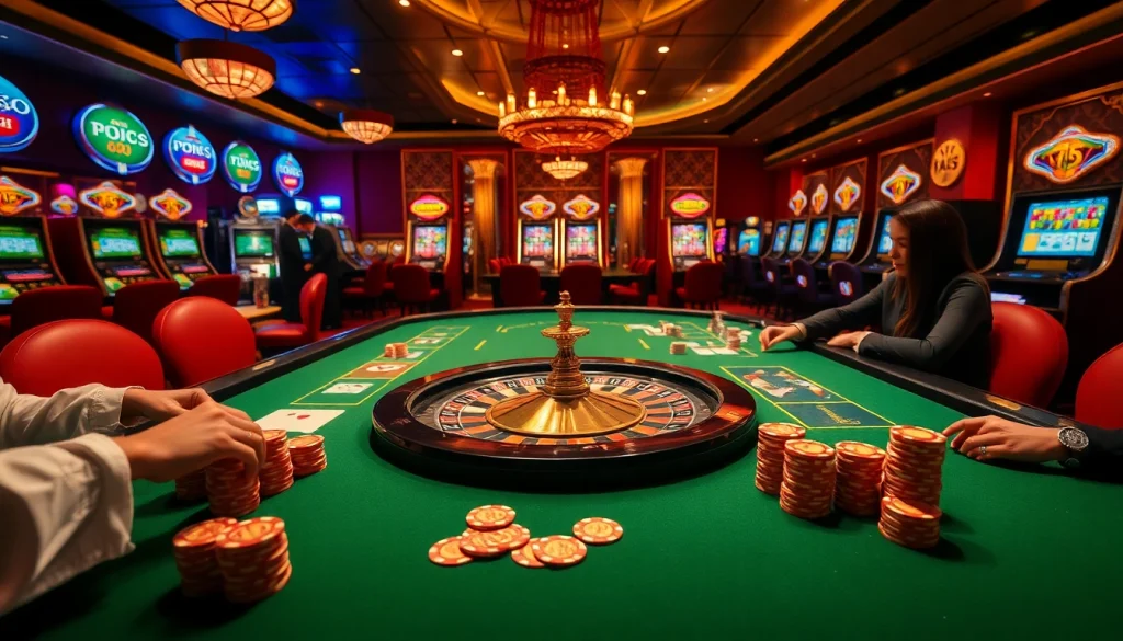 Exciting gameplay at ta88 casino with vibrant poker chips and roulette wheel.