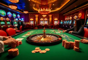 Exciting gameplay at ta88 casino with vibrant poker chips and roulette wheel.