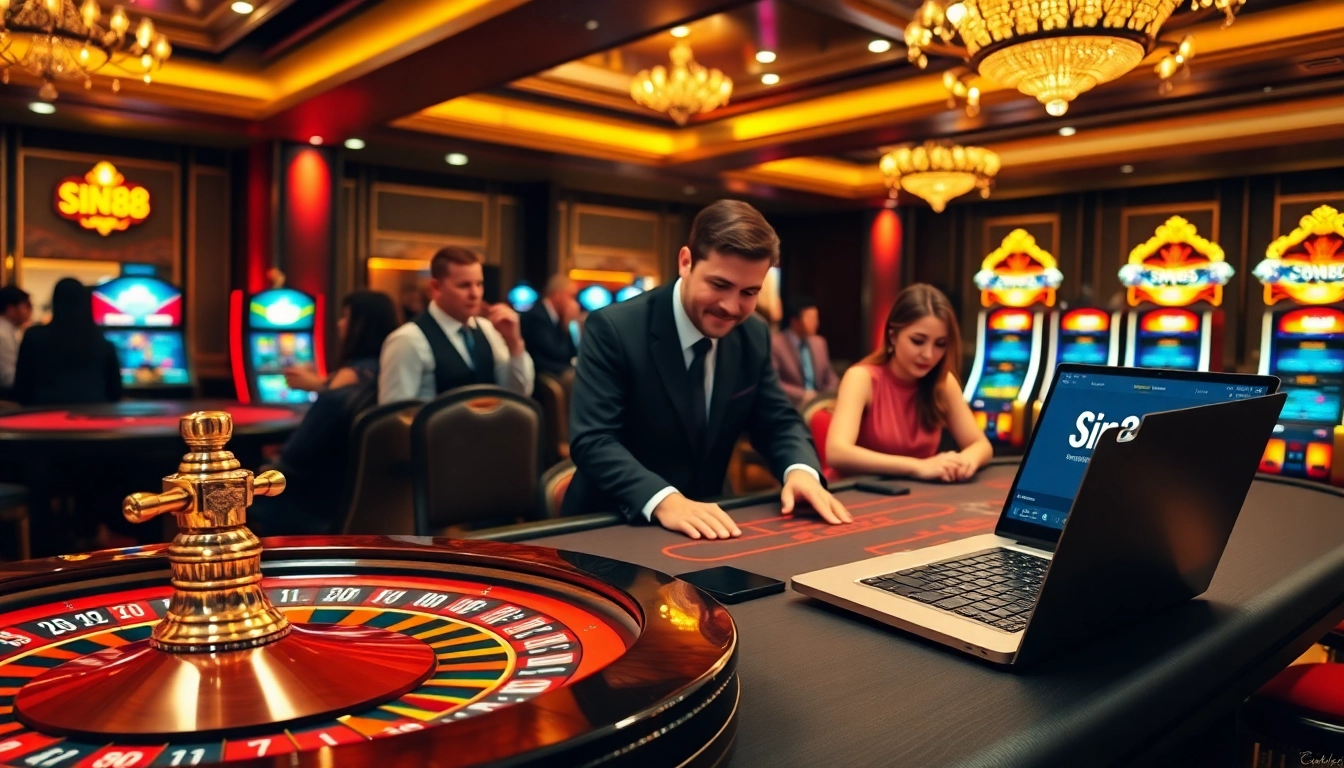Experience the excitement of Sin88 with a vibrant casino scene showcasing poker, roulette, and slots.
