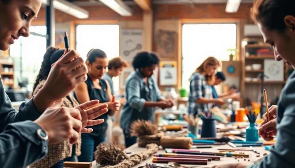 Hands-on engagement in craft training programs showcasing essential tools and vibrant materials.