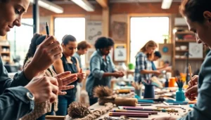 Hands-on engagement in craft training programs showcasing essential tools and vibrant materials.