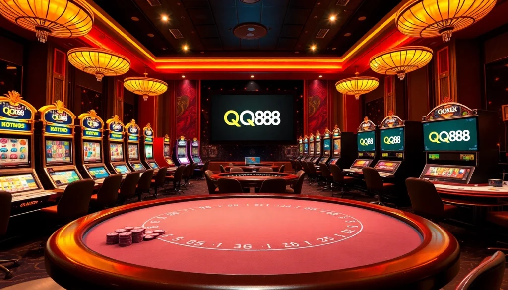 Players enjoying exciting games at QQ88 casino with vibrant atmosphere and rich decor.