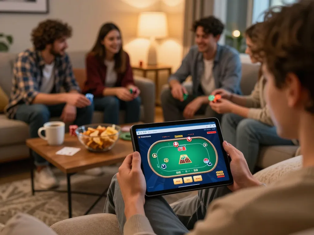 Engaging in a Sunwin poker game on a tablet in a cozy home setting, capturing the excitement of online gambling